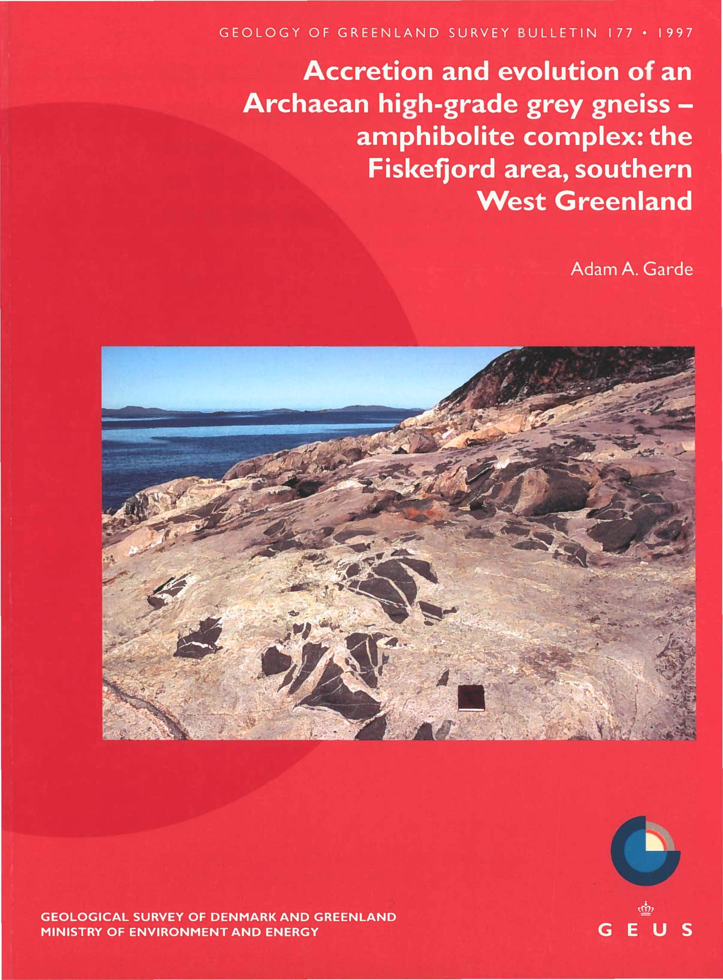 Geology of Greenland Survey Bulletin 177 cover photo showing rocks in front of fjord